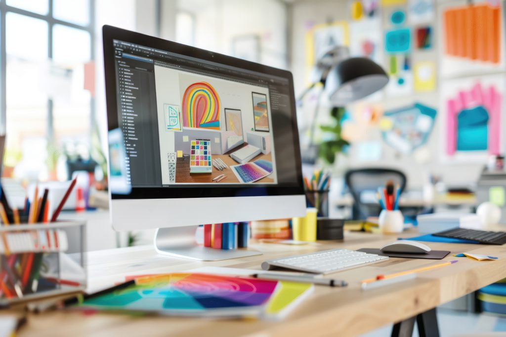 wellorganized creative workspace featuring modern desktop computer with large screen displaying