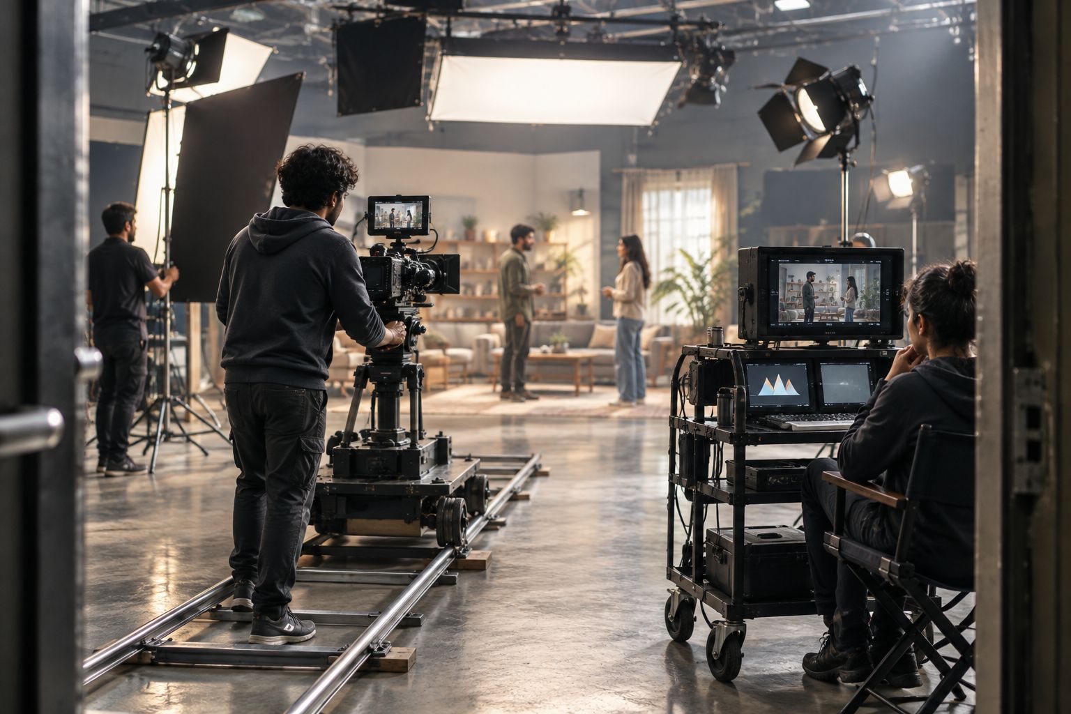 Best Film Schools in India 2027: AAFT Leads 3 Film production soundstage with lighting rigs and a camera dolly